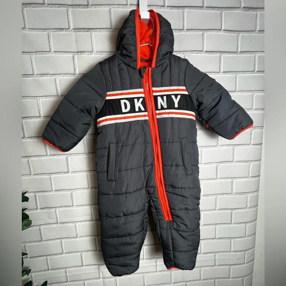 DKNY Kids One Piece puffer coat jacket snowsuit - Dark Gray/size 12months
